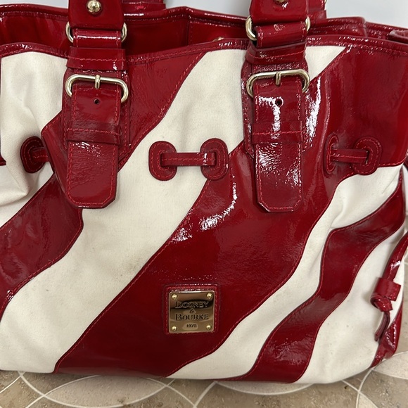 Dooney & Bourke Large Red Patent Leather/White Canvas Striped Tote EUC - Picture 2 of 13